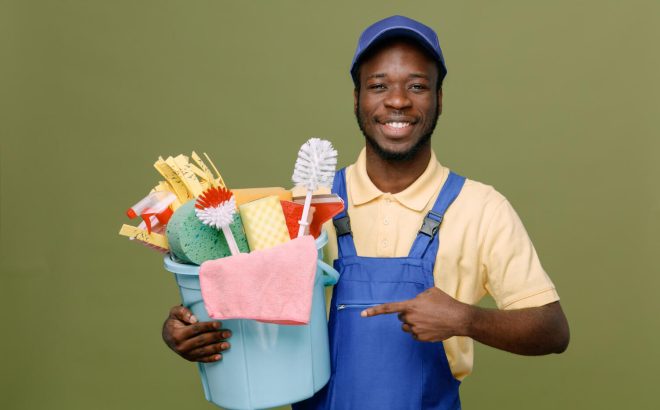 smiling-holding-points-bucket-cleaning-tools-young-africanamerican-cleaner-male-uniform-with-gloves-isolated-green-background smiling-holding-points-bucket-cleaning-tools-young-africanamerican-cleaner-male-uniform-with-gloves-isolated-green-background